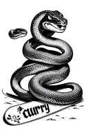 snake wrapped around snowboard incorporating name "curry" maybe snowy mountain in background  tattoo design idea