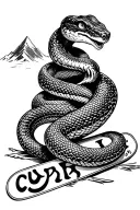 snake wrapped around snowboard incorporating name "curry" maybe snowy mountain in background  tattoo design idea