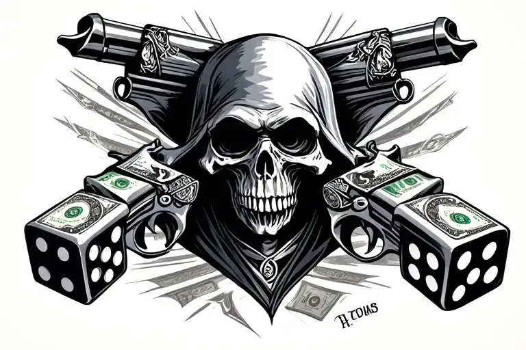 dice money guns grim reaper tattoo design idea