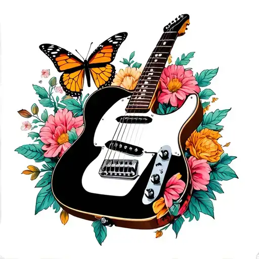 A Fender Telecaster guitar intertwined with monarch butterflies and flowers tattoo design idea