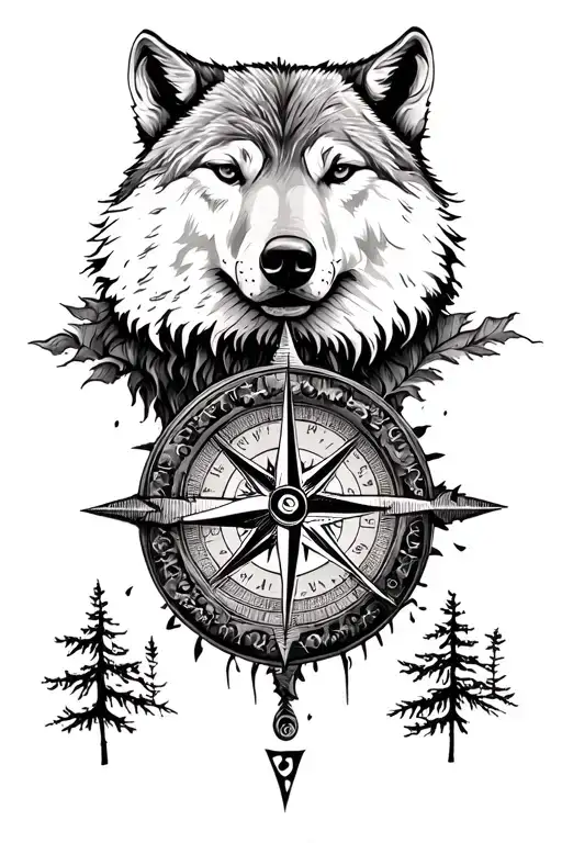 compass nature woods wolf bear tattoo design idea