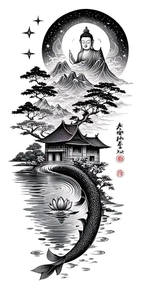 flowing Buddist Black-grey with water,mountains,tree,hut,starry sky,mandala,lotus, koi tattoo design idea