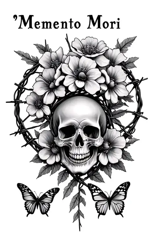 "Memento Mori" barbed wire, flowers, butterflies, skulls, time tattoo design idea
