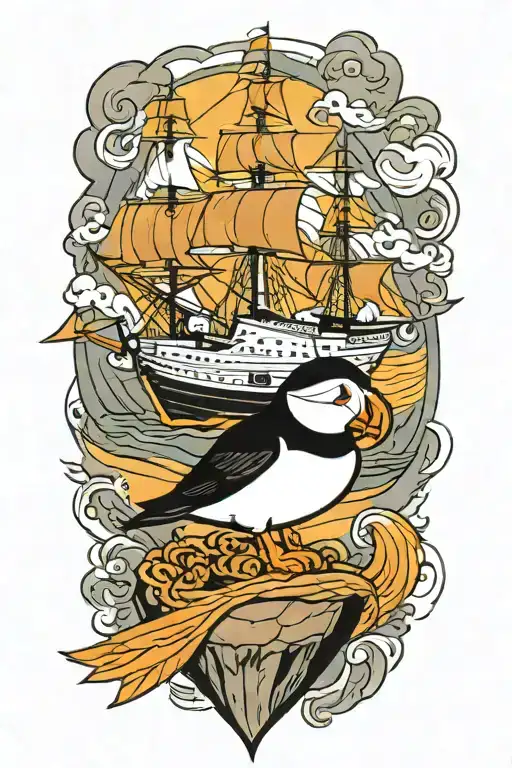 male puffin on a with an old scandinavian sailboat  tattoo design idea