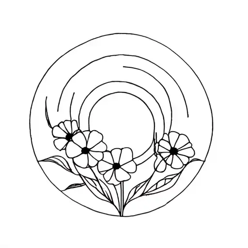 black fine line minimalist tattoo patchwork that flows with flowers as filler in gaps. feature a sun with minimalist fac tattoo design idea