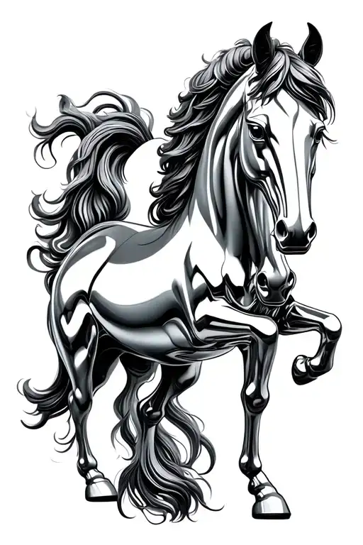 Chrome horse standing up without a rider. chrome sculpture of a wild horse.  tattoo design idea