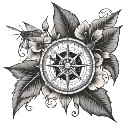 compass rose with hibiscus flower and dragonflies tattoo design idea