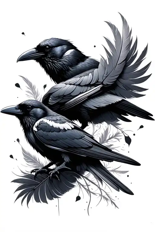 Crows and large crow feather with quo tattoo design idea
