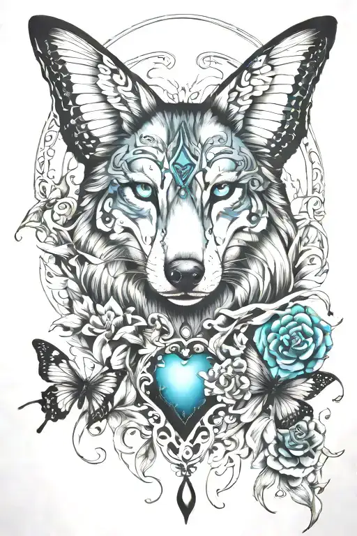 butterfly dragonfly heart turquoise wolf howling at the moon tattoo design idea