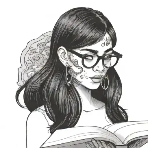 girl with long black hair and 00 gaged earrings and glasses reading book in front of face   tattoo design idea