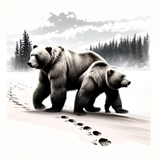 Tattoo of two big bears leaving footprints in the sand and a smaller bear walking behind them stepping in the footprints tattoo design idea