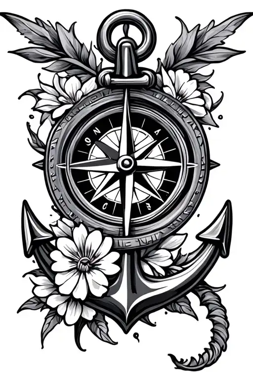 Compass rose Anchor shark flowers sea cadets  tattoo design idea