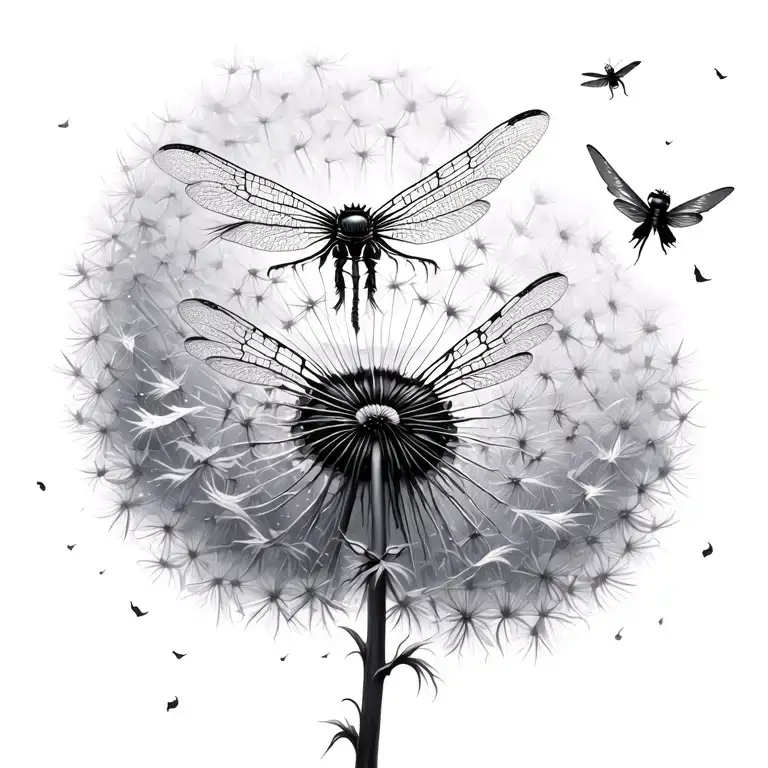 Blowing dandelion transforming into dragonflies flying tattoo design idea