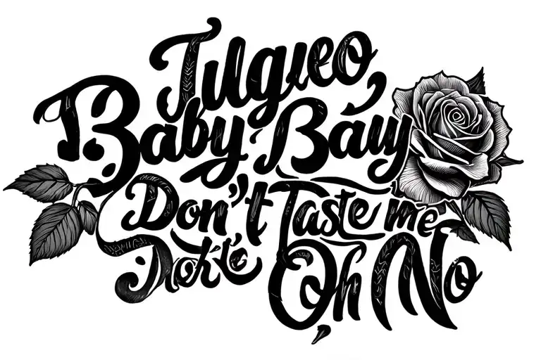 Texto escrito "Julgyeo, Baby Baby Don't Taste Me Oh No" with roses tattoo design idea