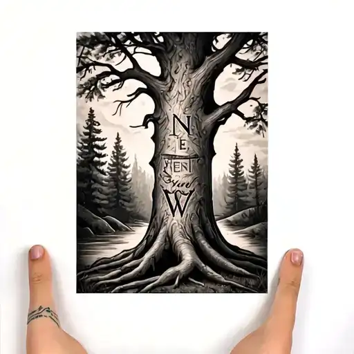 A black-grey tattoo of a tree with Neenah Wi carved into the trunk, showcasing the client's favorite place and their deep-rooted connection to it tattoo design idea