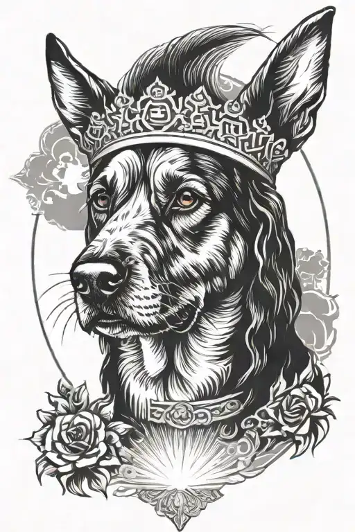 portrait of a dog in style of orthodox icon with halo like jesus made of light rays around its head. tattoo design idea