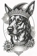 portrait of a dog in style of orthodox icon with halo like jesus made of light rays around its head. tattoo design idea