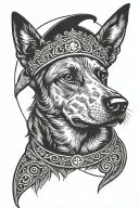 portrait of a dog in style of orthodox icon with halo like jesus made of light rays around its head. tattoo design idea