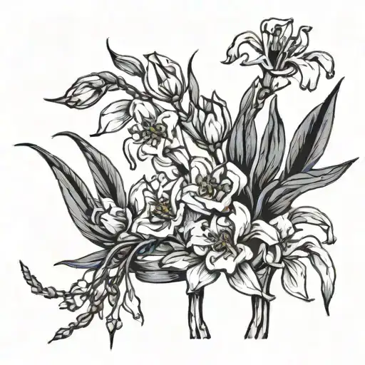weeping willow branches with tulips and forget me knots tattoo design idea