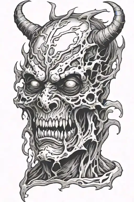 demon face demented, melted, grotesque ripped flesh tattoo design idea
