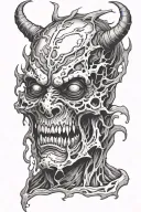 demon face demented, melted, grotesque ripped flesh tattoo design idea