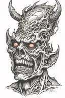 demon face demented, melted, grotesque ripped flesh tattoo design idea