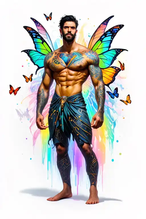 Gay male faery, massive bodybuilder musculature, gentle expression. Around him are butterflies, rainbows. tattoo design idea
