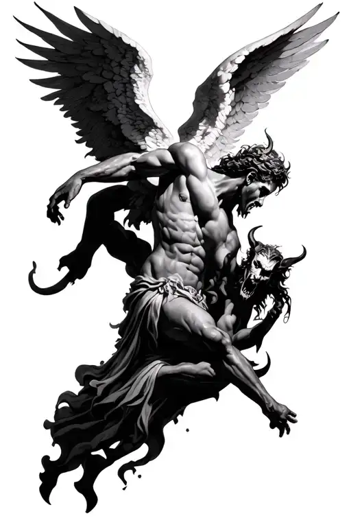 angel defeating devil tattoo design idea