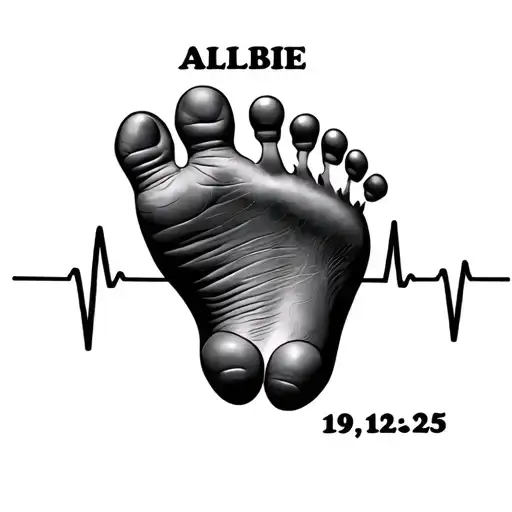 "Albie 19.12.25" Electrocardiogram with baby foot print tattoo design idea