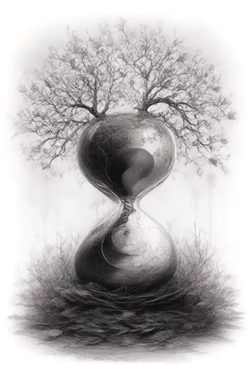 defoliated tree and broken sandless hourglass filled with no leaves with yin yang tattoo design idea