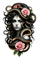 Medusa with snakes, roses on a black background tattoo design idea