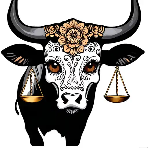 feminine bull with sugar skull markings, brown eyes and two Libra scales and dark background tattoo design idea