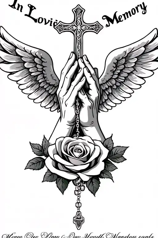 "In Loving Memory" "In Loving Memory" "In Loving Memory" "In Loving Memory" "In Loving Memory" Praying Hands, Rosary beads intertwined with cross, Wings, Realism, Rose tattoo design idea