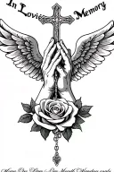 "In Loving Memory" "In Loving Memory" "In Loving Memory" "In Loving Memory" "In Loving Memory" Praying Hands, Rosary beads intertwined with cross, Wings, Realism, Rose tattoo design idea