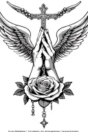 "In Loving Memory" "In Loving Memory" "In Loving Memory" "In Loving Memory" "In Loving Memory" Praying Hands, Rosary beads intertwined with cross, Wings, Realism, Rose tattoo design idea