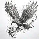 a picture of The Phoenix exploding from the red hot embers of himself, Aflame. Taking flight. (i tattoo design idea