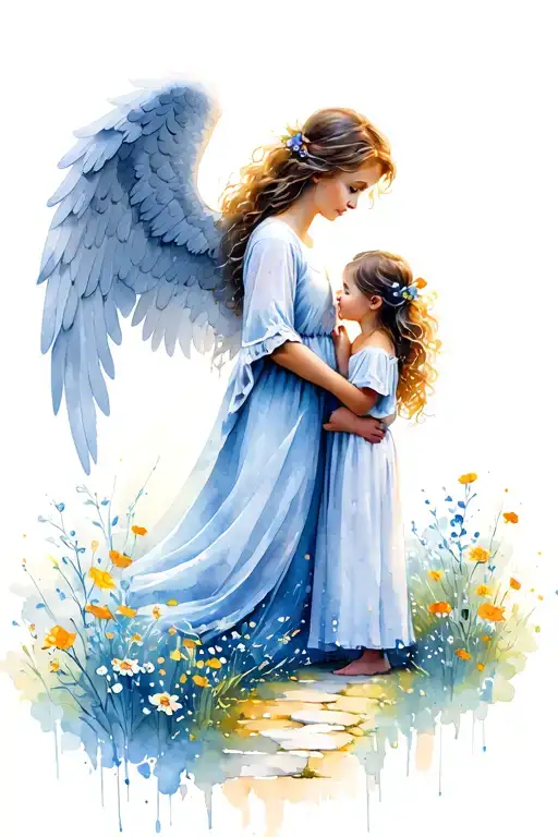 mother with angel wings shielding a small child both standing on a path that transforms from darkness to flowers tattoo design idea