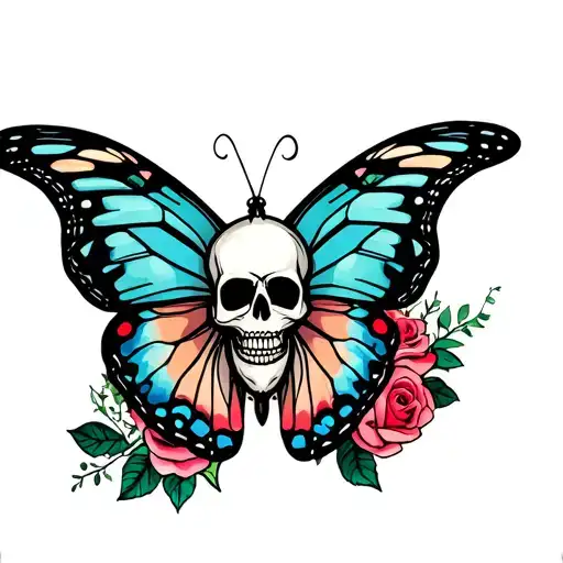 butterfly with skull and roses tattoo design idea