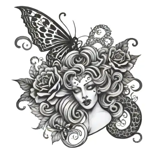 floral design with semi colon, heart beat, butterfly, and Medusa head with snake hair tattoo design idea