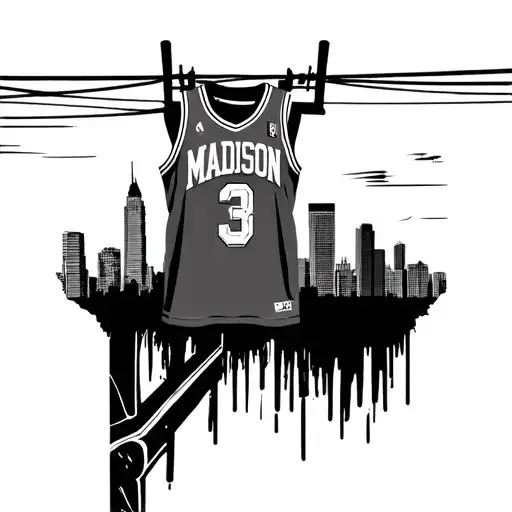 Basketball jersey with number 3 on a wire with Madison skyline in background  tattoo design idea
