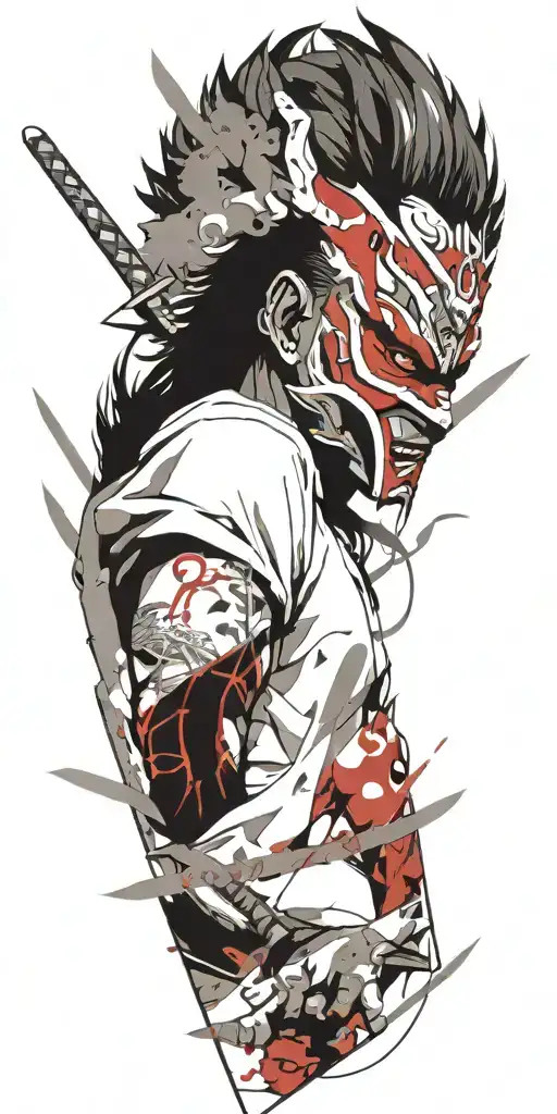 male anime character wearing oni mask holding swords fighting off inner demons  tattoo design idea