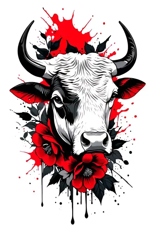 Bull head, black flowers and leaves tattoo design idea