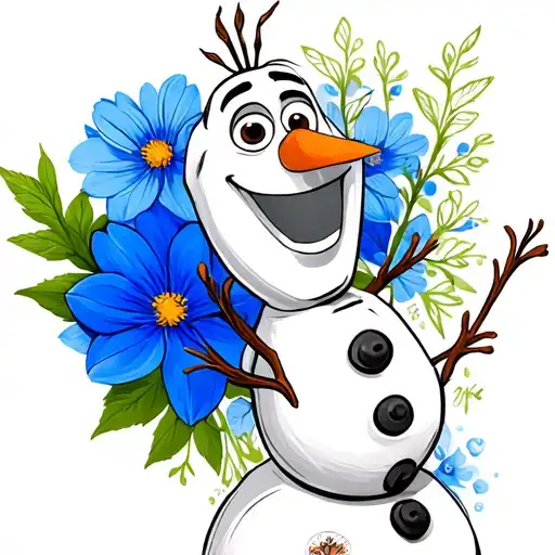 olaf the snowman from frozen with a blue flower as the background tattoo design idea