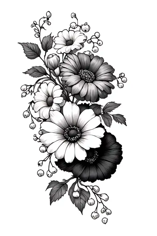 a flower vine wrapping around your wrist with chrysanthemum, morning glory, daisy, poppy, and lily of the valley tattoo design idea