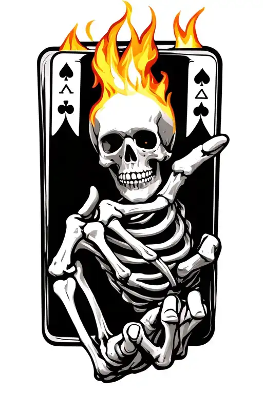Skeleton hand holding cards on fire  tattoo design idea