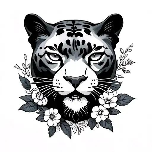 Neo traditional panther with flowers around the outside full body tattoo design idea