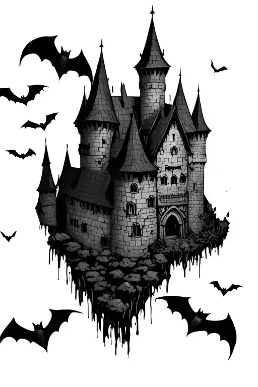 Dracula castle with bats flying above it  tattoo design idea