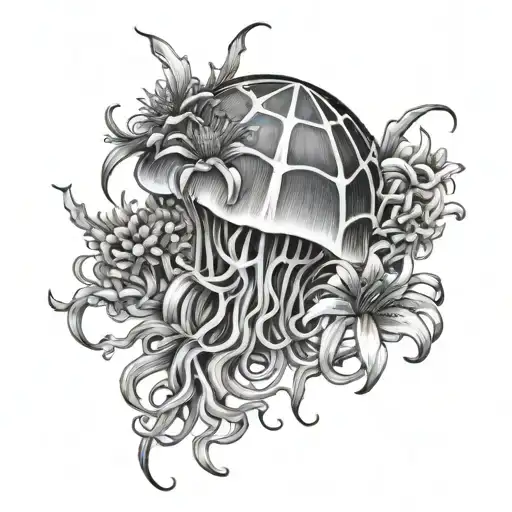 jelly fish and spider lilies intertwined tattoo design idea