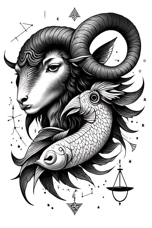 large Aries and Libra zodiac sign with a small Aries and Pisces signs below, include elements and constellations tattoo design idea
