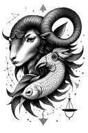 large Aries and Libra zodiac sign with a small Aries and Pisces signs below, include elements and constellations tattoo design idea